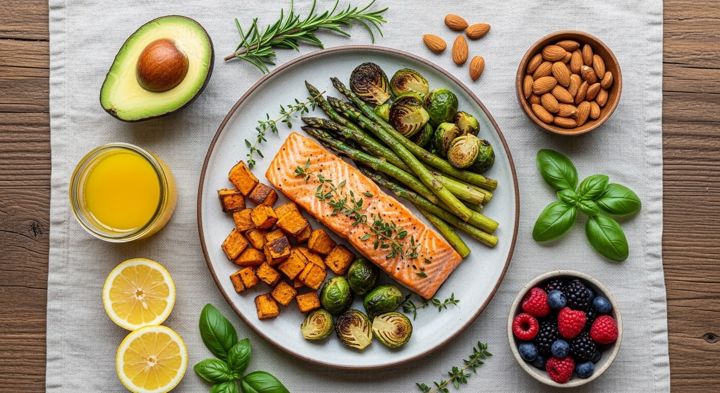 Paleo-Flatlay mit Lachs, Gemuese, Avocado, Mandeln